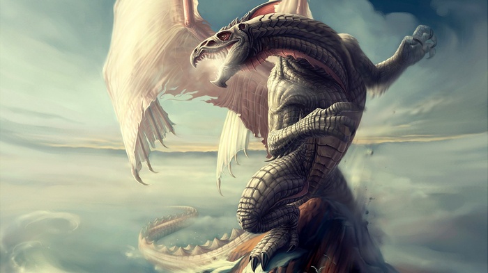 Fantasy art of a dragon in the clouds