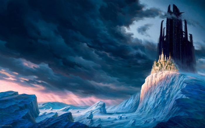 Fantasy castle on a snowy mountain under dark clouds