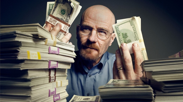 Walter White with stacks of money