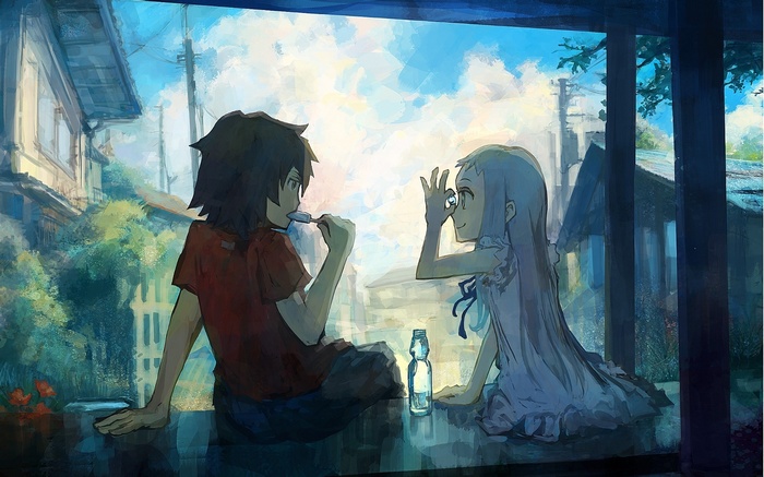 Anaru and Poppo from Anohana sitting by a window