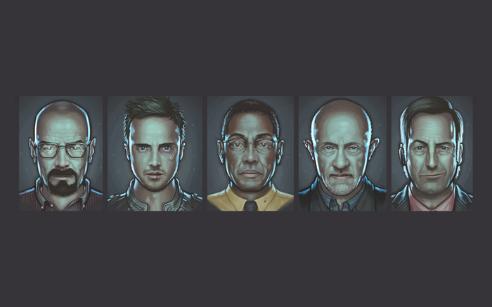 Breaking Bad characters collage: Walter White, Jesse Pinkman, Gus Fring, Mike Ehrmantraut, Saul Goodman