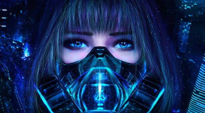 Megpoid Gumi with blue eyes and futuristic gas mask