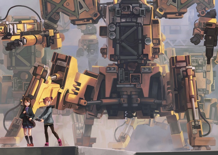 Anime girls with giant yellow mechs in a factory