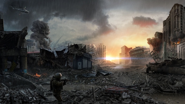 Apocalyptic cityscape with ruins and a helicopter
