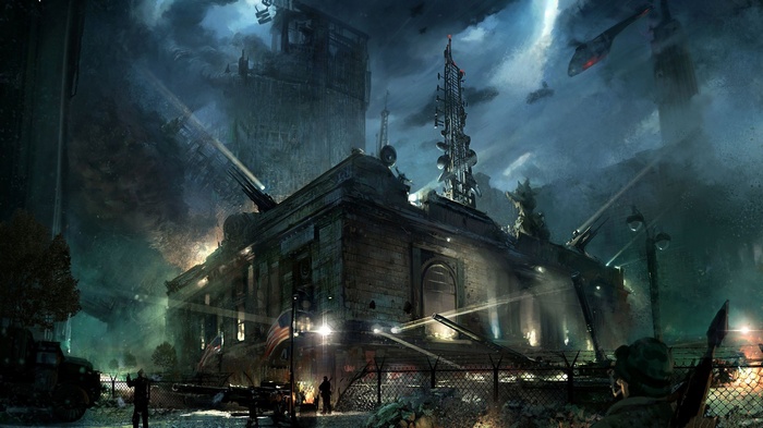 Apocalyptic artwork of a futuristic city with military presence