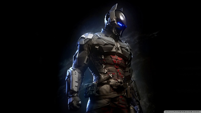 Batman in a dark, armored suit