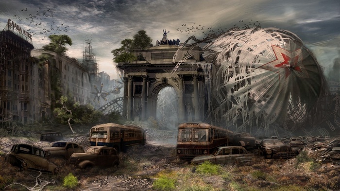 Apocalyptic cityscape with ruined buildings and a damaged airship