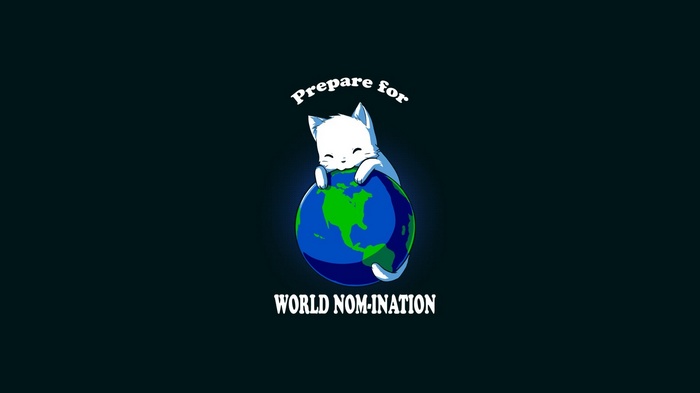 White kitten hugging planet Earth with text
