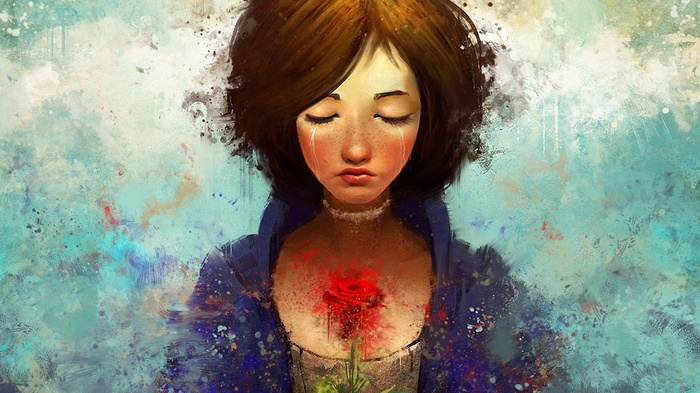 Elizabeth from BioShock Infinite crying with a rose