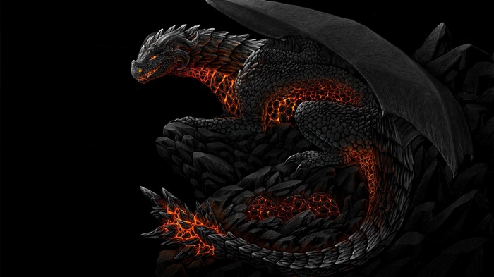 A black dragon with glowing orange cracks sits on rocks