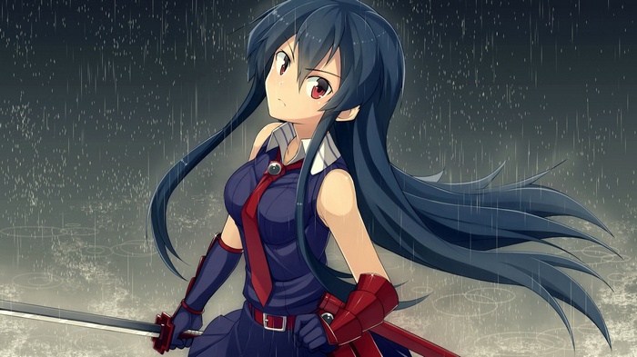Akame from Akame ga Kill! holding a sword in the rain