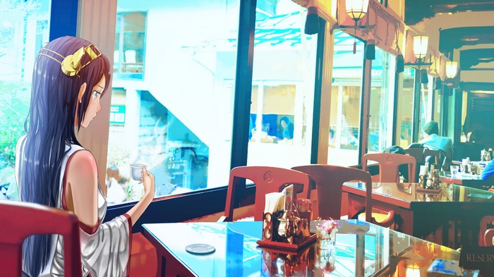 Haruna from Kantai Collection drinking tea in a cafe