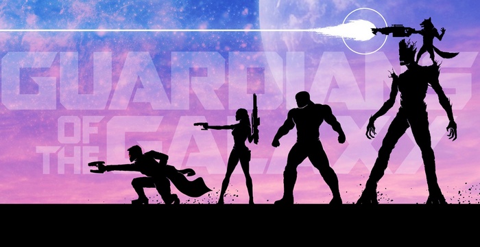 Guardians of the Galaxy silhouettes in front of a nebula
