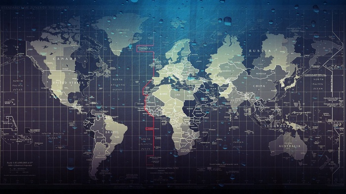 World Map with Time Zones and Water Droplets