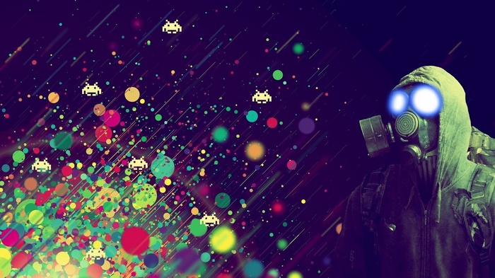 Space Invaders artwork with a person in a gas mask