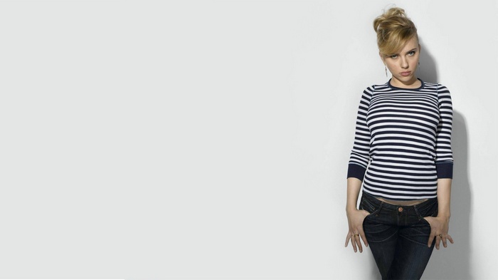 Scarlett Johansson in a striped shirt and jeans