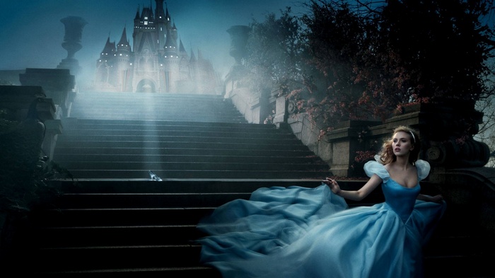 Scarlett Johansson as Cinderella running down stairs