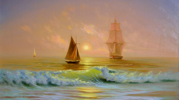 Painting of ships sailing on the sea at sunset with waves