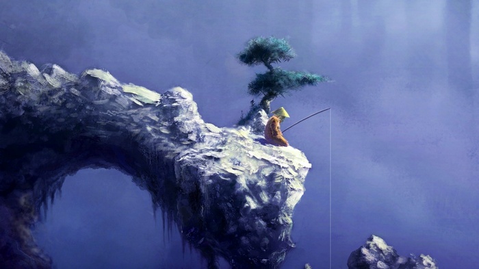 Fantasy art of a monk fishing on a rocky island