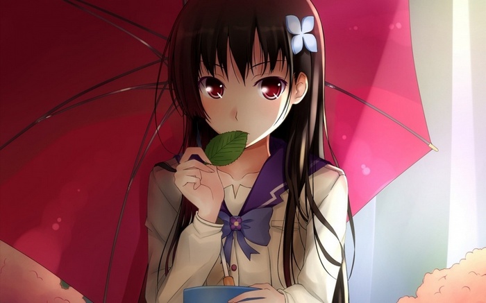 Sankarea anime girl with umbrella and leaf