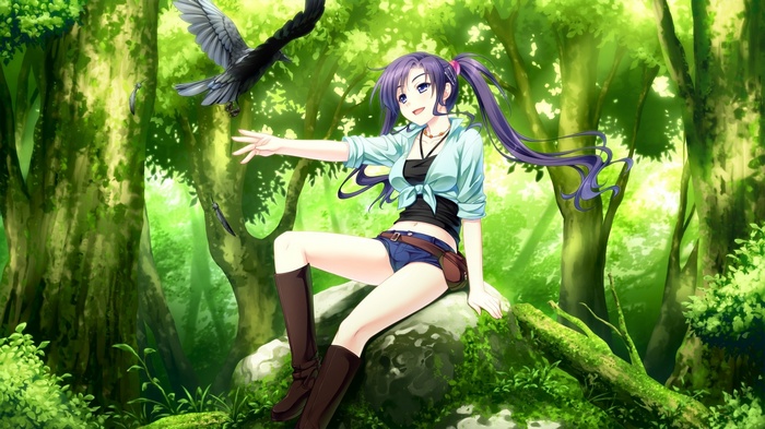 Anime girl with purple hair and a crow in a forest
