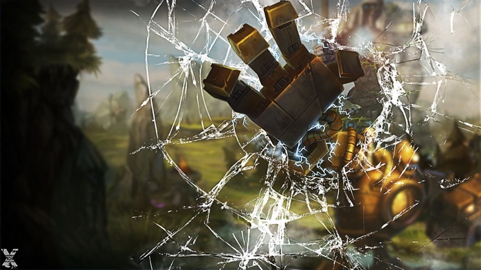 Blitzcrank's hand breaking through a cracked screen