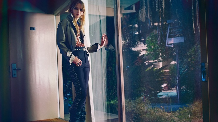 Jennifer Lawrence in a hotel room with a view