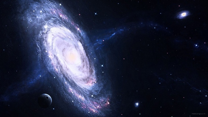 Spiral galaxy with a planet in space art