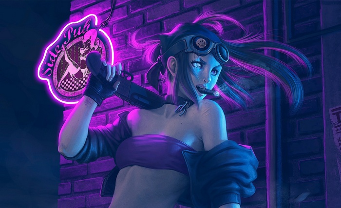 Woman with cigar and weapon near Side Pub neon sign