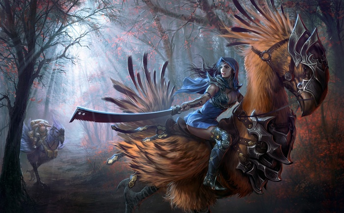 Fantasy girl riding a Chocobo in a forest
