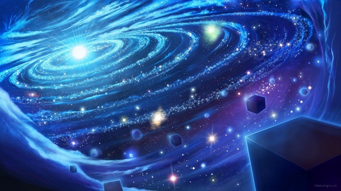 Abstract digital art of a glowing galaxy with cubes