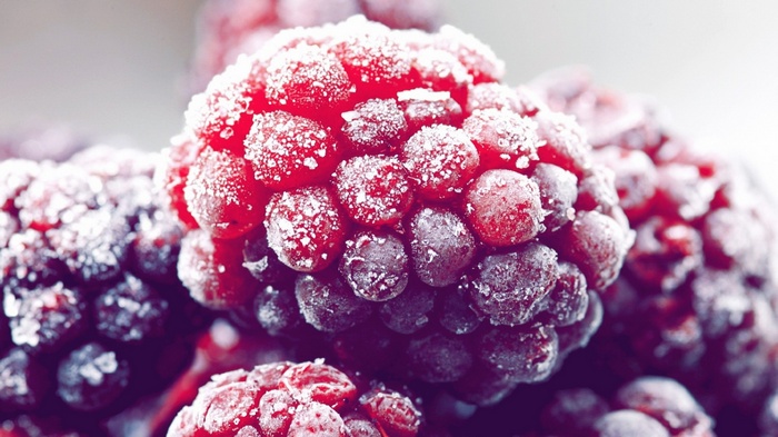 Close-up of frozen raspberries covered in frost