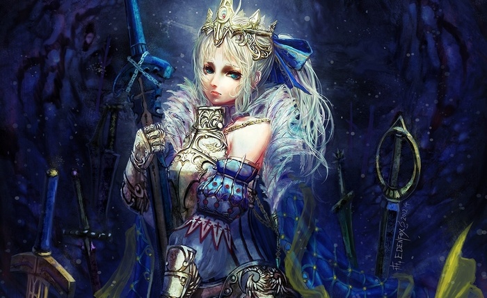 Saber in ornate armor holding a spear