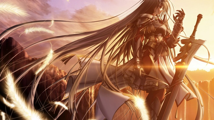 Fantasy girl with silver hair and armor holding a sword