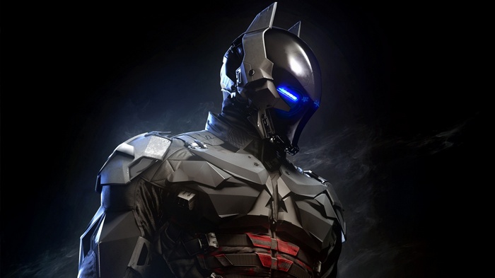 Batman: Arkham Knight suit with blue glowing eyes
