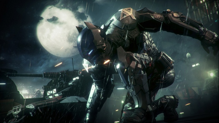 Batman in Gotham City during a rainy night