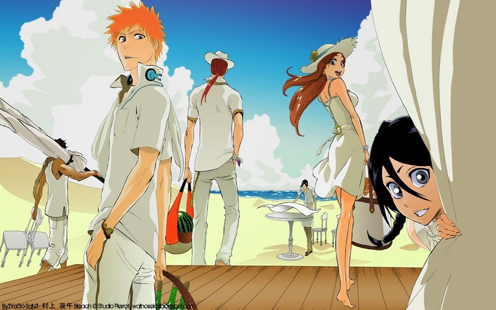 Bleach characters on a beach with Rukia peeking