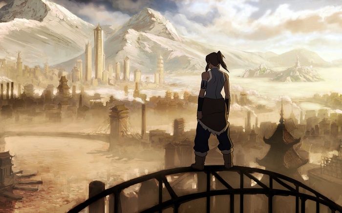 Korra overlooking Republic City and mountains