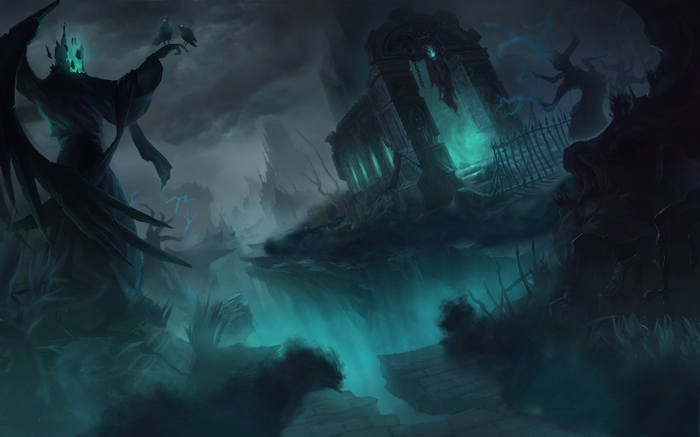 The Harrowing in a dark, ruined landscape