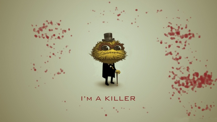 A fuzzy character in a suit and top hat with blood splatters