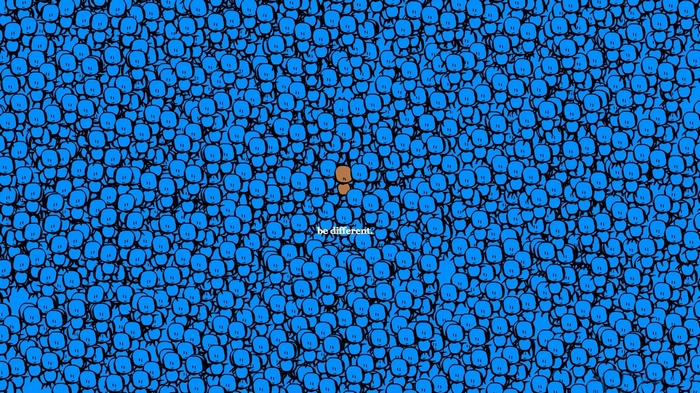 A brown figure stands out among many blue figures.