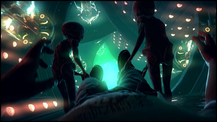 Aliens in a spaceship interior with glowing lights