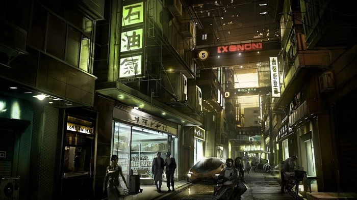 Cyberpunk street scene with futuristic vehicles and signs