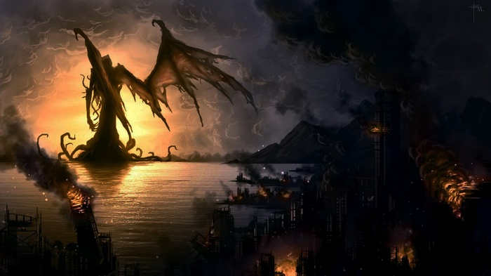 Cthulhu creature in an apocalyptic landscape