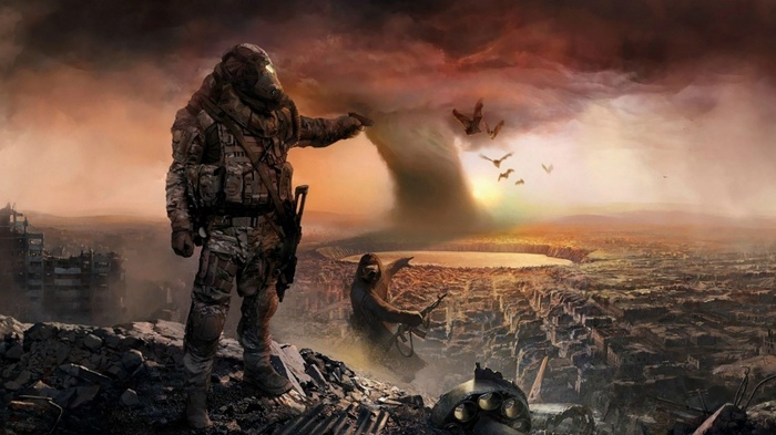 Post-apocalyptic soldiers in a desolate wasteland