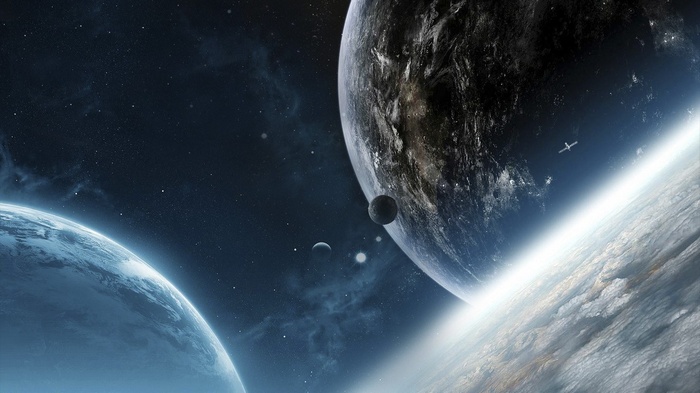 Digital art of planets and moons in space