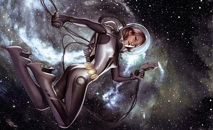 Black Widow in a retro-futuristic spacesuit in space