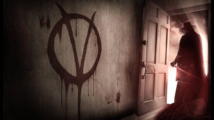 V for Vendetta symbol and figure in doorway