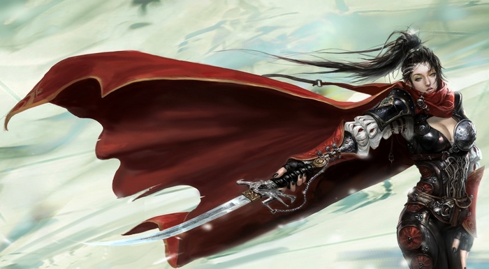 Fantasy warrior woman with red cape and sword