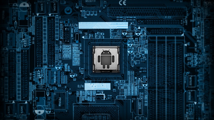 Android logo on a computer motherboard